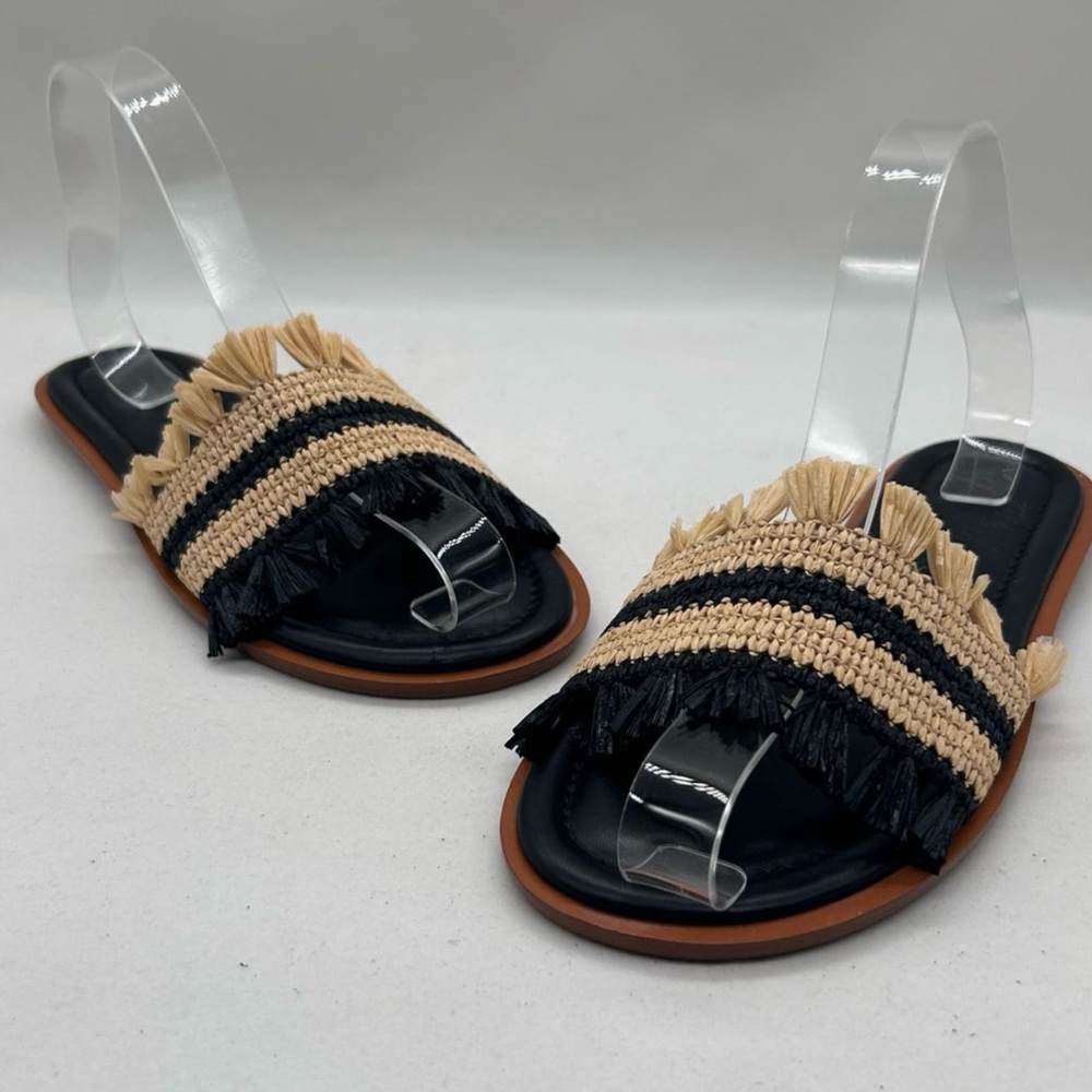 J. Crew Sandal Women’s 7.5 Black & Tan Raffia Fringe Woven Slide Sandal